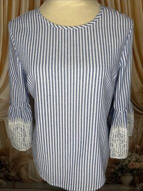 Roommates Blue & White Stripe Blouse with Lace Bell Cuffs